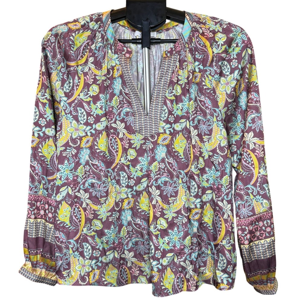 Avara Paisley Floral Print Split Neck Blouse Purple Teal Boho Top XS